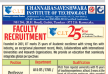 Channabasaveshwara Institute of Technology , Tumkur Wanted Teaching Faculty