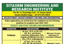 SITASRM Engineering and Research Institute, Uttar Pradesh wanted Teaching and Non-Teaching Faculty
