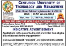 Centurion University of Technology and Management, Odisha Wanted Junior Research Fellow (JRF) and Field Assistants