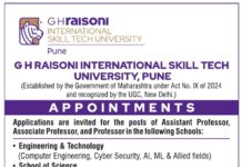 G H Raisoni International Skill Tech University, Pune wanted Professor, Associate Professor and Assistant Professor
