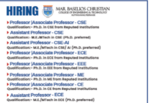 Mar Baselios Christian College of Engineering & Technology Kuttikanam, Peermade wanted Teaching Faculty