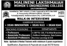 Faculty Jobs at Malineni Lakshmaiah Women’s Engineering College , Andhra Pradesh- Walk-in