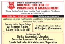 Oriental College Of Commerce And Management, Mumbai wanted Teaching Faculty