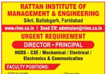 Rattan Institute of Management and Engineering , Faridabad, Haryana wanted Professor/ Associate Professor/ Assistant Professor