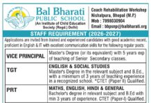 Teachers Recruitment 2026 at Bal Bharati Public School, Nishatpura
