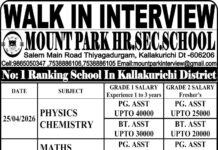 Mount Park Higher Secondary School , Kallakurichi wanted Teachers