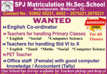 SPJ Matriculation Hr. Sec. School , Madurai wanted Teachers and Others