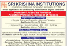 Sri Krishna Institutions, Coimbatore, Tamilnadu wanted Professor / Associate Professor / Assistant Professor