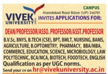 Vivek University, Bijnor Wanted Professor/ Associate Professor/ Assistant Professor