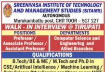 Sreenivasa Institute of Technology and Management Studies, Chittoor Wanted Professor/ Associate Professor/ Assistant Professor