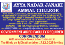 Assistant Professor Jobs 2026 at Ayya Nadar Janaki Ammal College, Virudhunagar (Government Aided)