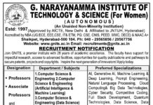 Faculty Recruitment 2026 at G.Narayanamma Institute of Technology(For Women), Hyderabad