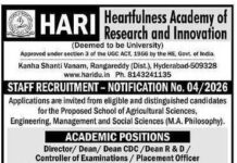 Faculty Openings 2026 at Heartfulness Academy of Research and Innovation, Hyderabad