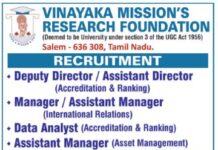 Academic Jobs at Vinayaka Mission’s Research Foundation, Salem Academic Jobs at Vinayaka Mission's Research Foundation, Salem
