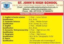Teachers Requirement at St. John’s High School, Bangalore Teachers Requirement at St. John's High School, Bangalore